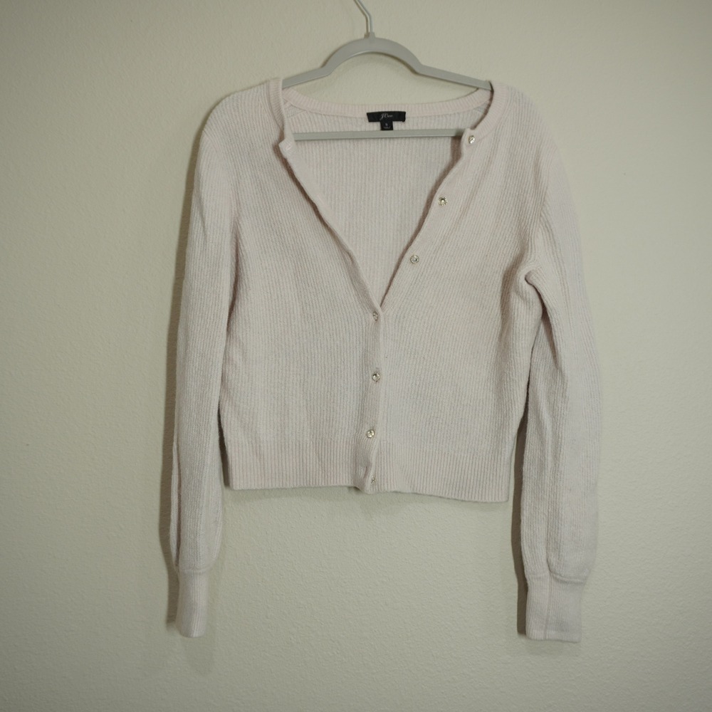 J. Crew Size Small Cream Blush Ribbed Cardigan Jeweled Buttons Ladylike Girly
